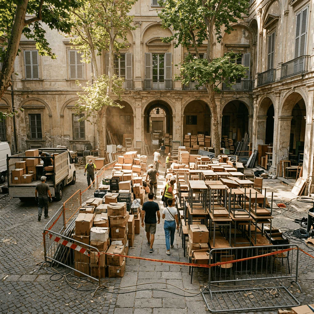 Workers arranging boxes, tables, and equipment in a historic courtyard